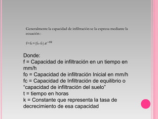 Donde:
f = Capacidad de infiltración en un tiempo en
mm/h
fo = Capacidad de infiltración Inicial en mm/h
fc = Capacidad de Infiltración de equilibrio o
“capacidad de infiltración del suelo”
t = tiempo en horas
k = Constante que representa la tasa de
decrecimiento de esa capacidad
 