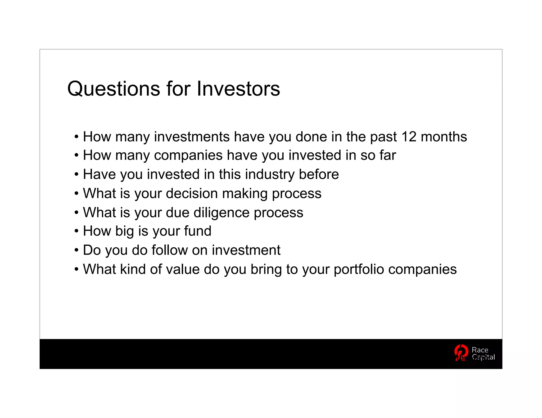 Questions for Investors
• How many investments have you done in the past 12 months
• How many companies have you invested in so far
• Have you invested in this industry before
• What is your decision making process
• What is your due diligence process
• How big is your fund
• Do you do follow on investment
• What kind of value do you bring to your portfolio companies
@edithyeung
 