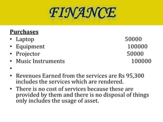 Purchases
• Laptop                                     50000
• Equipment                                   100000
• Projector                                   50000
• Music Instruments                            100000
•
• Revenues Earned from the services are Rs 95,300
  includes the services which are rendered.
• There is no cost of services because these are
  provided by them and there is no disposal of things
  only includes the usage of asset.
 