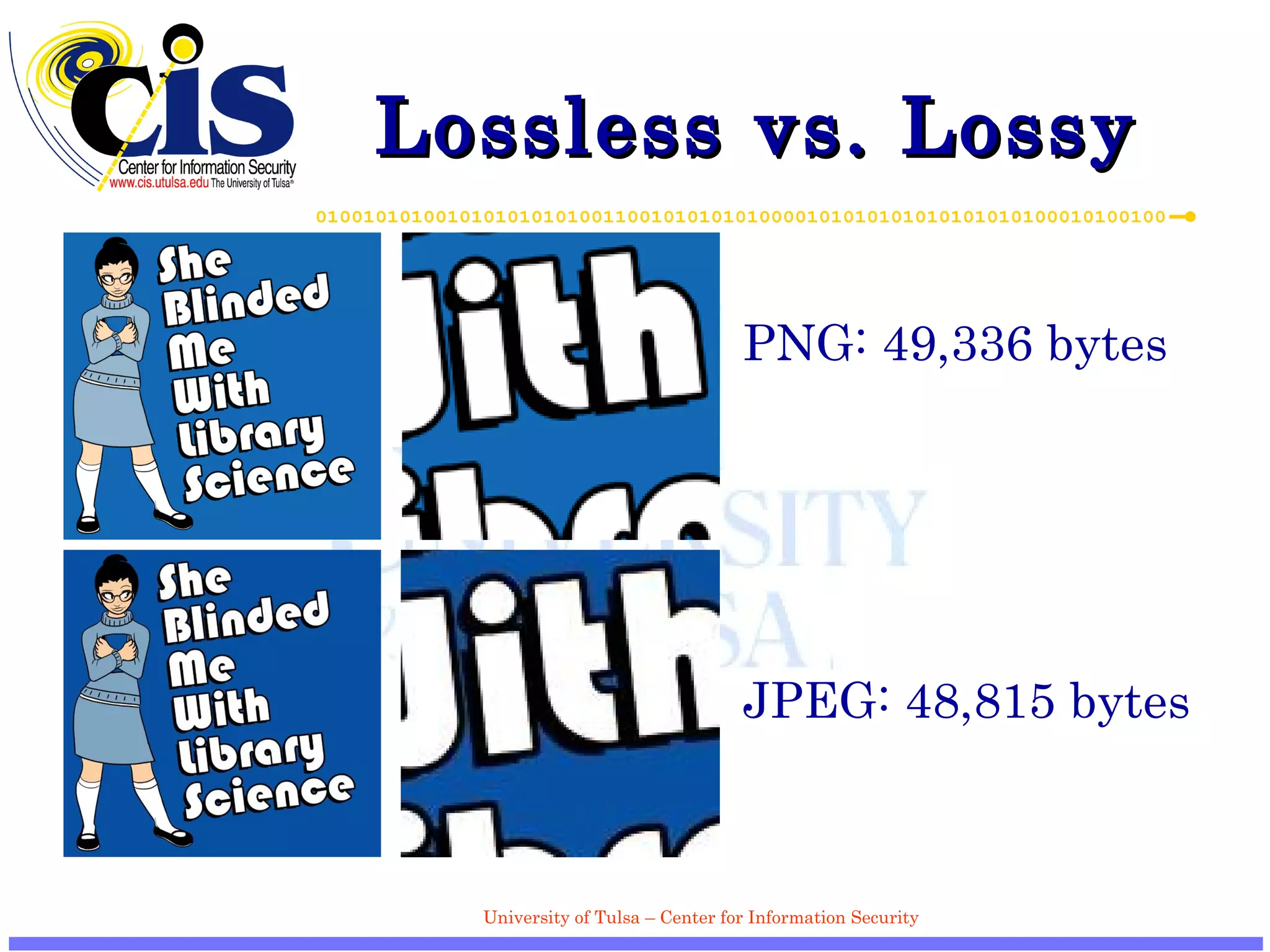 Lossless vs. Lossy PNG: 49,336 bytes JPEG: 48,815 bytes 