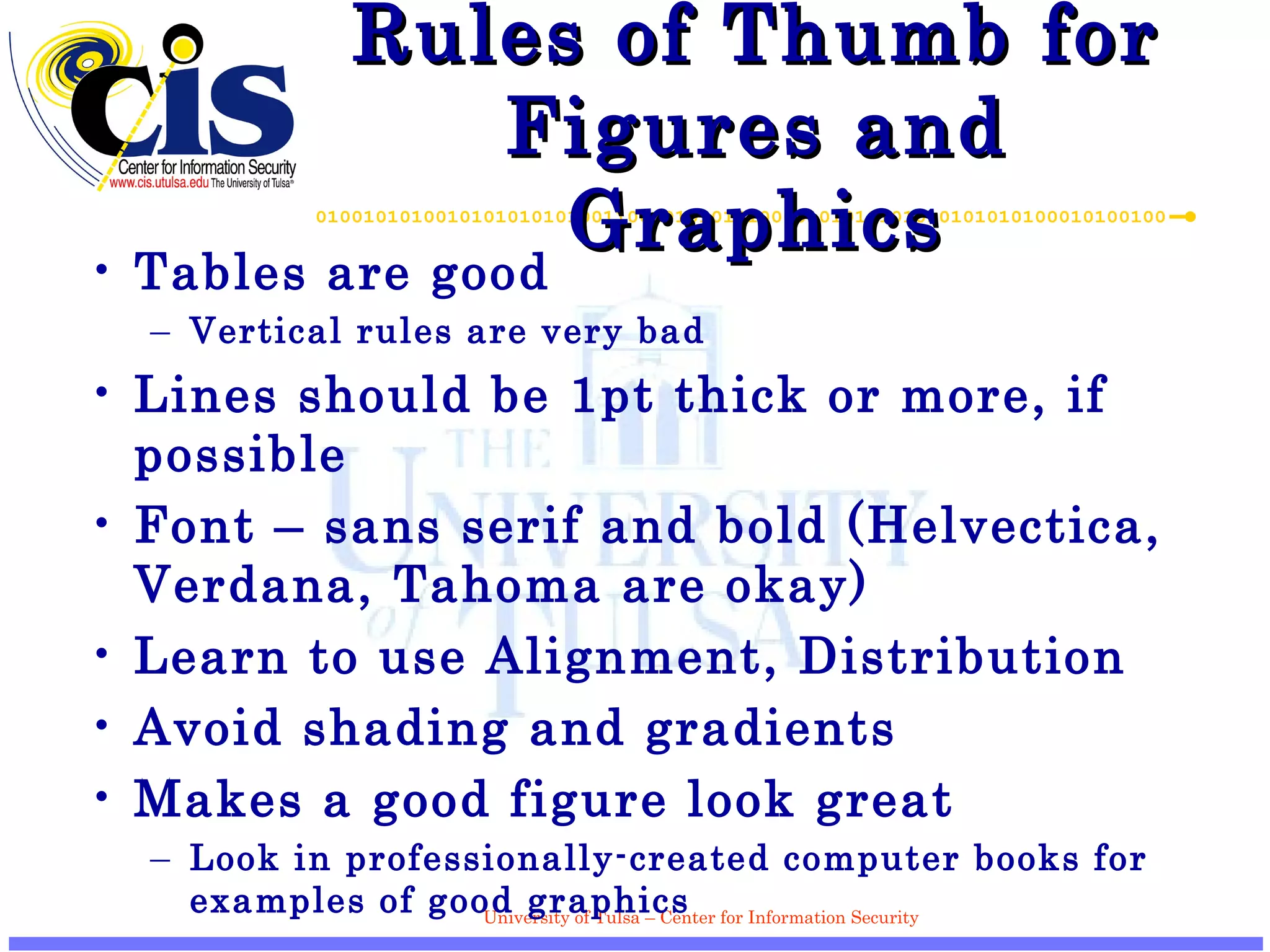 Rules of Thumb for Figures and Graphics Tables are good Vertical rules are very bad Lines should be 1pt thick or more, if possible Font – sans serif and bold (Helvectica, Verdana, Tahoma are okay) Learn to use Alignment, Distribution Avoid shading and gradients Makes a good figure look great Look in professionally-created computer books for examples of good graphics 