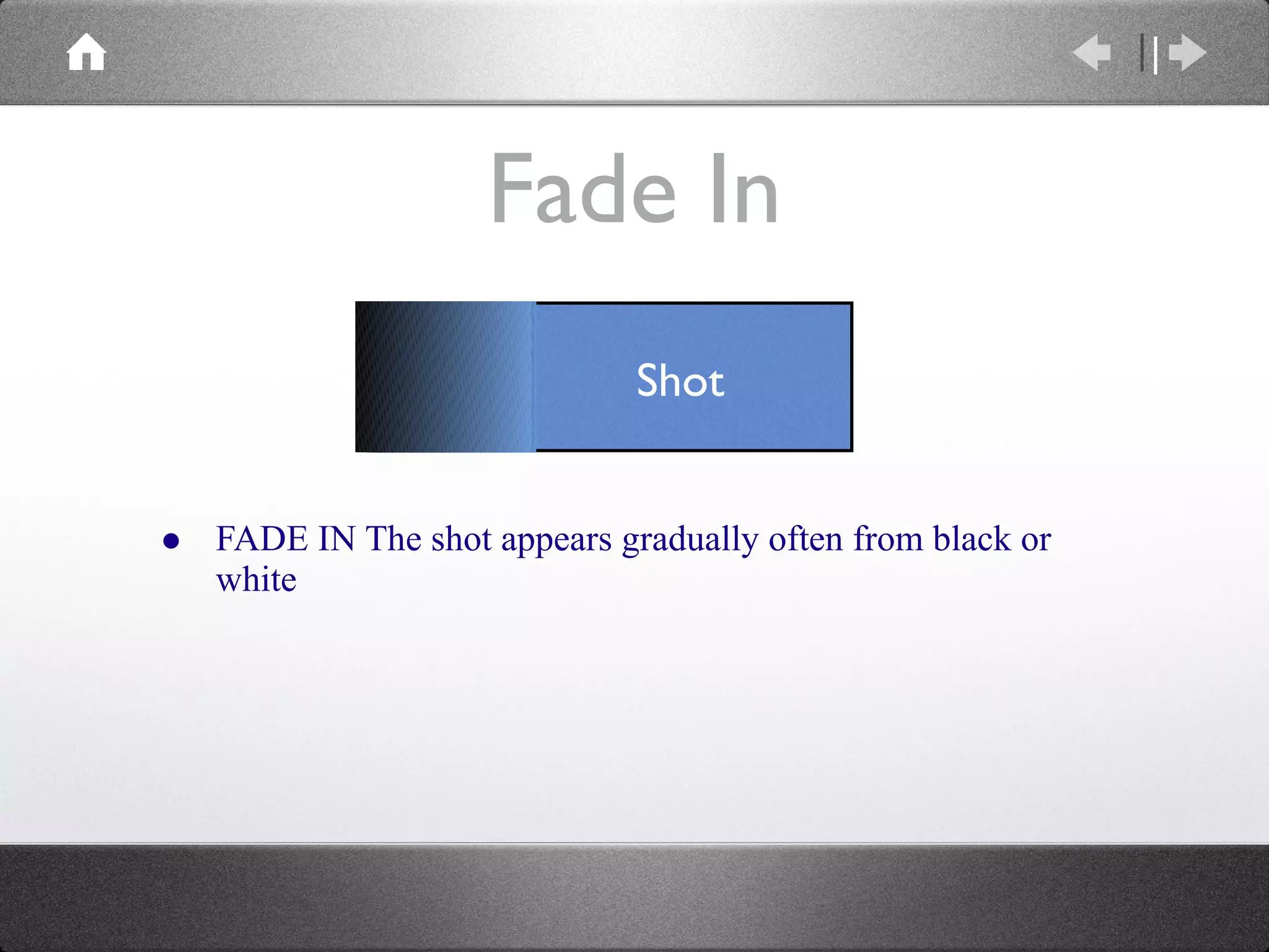 Fade In FADE IN The shot appears gradually often from black or white Shot Shot 