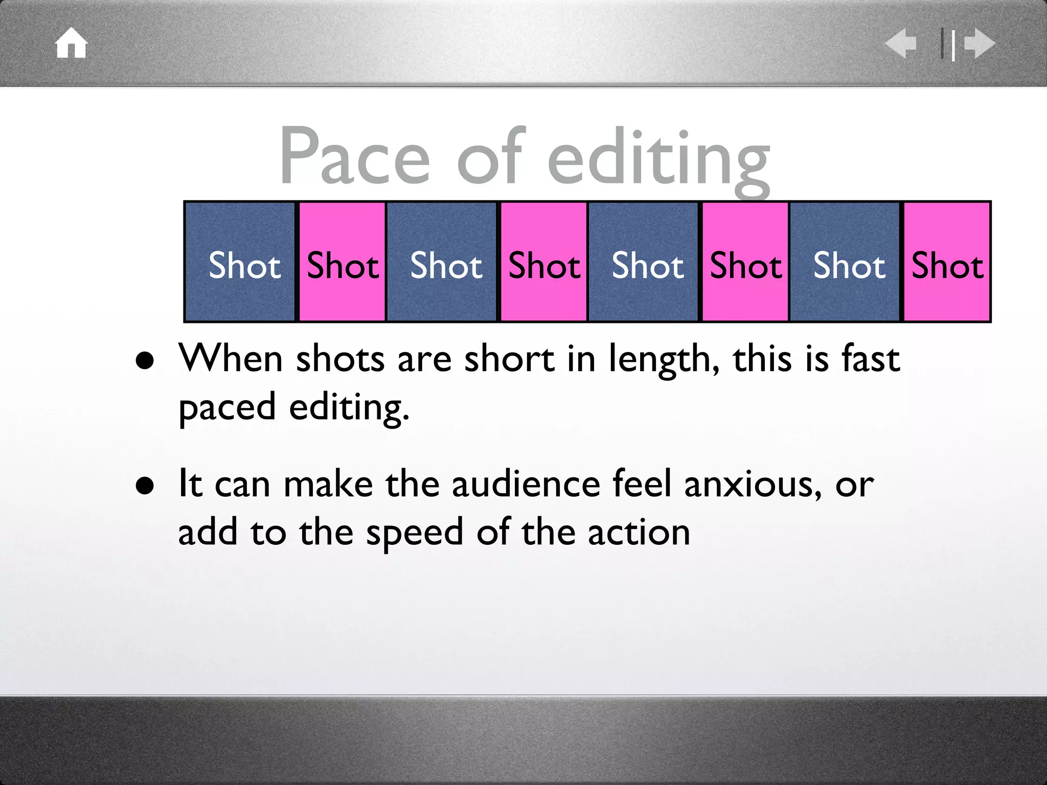 Pace of editing When shots are short in length, this is fast paced editing. It can make the audience feel anxious, or add to the speed of the action Shot Shot Shot Shot Shot Shot Shot Shot 