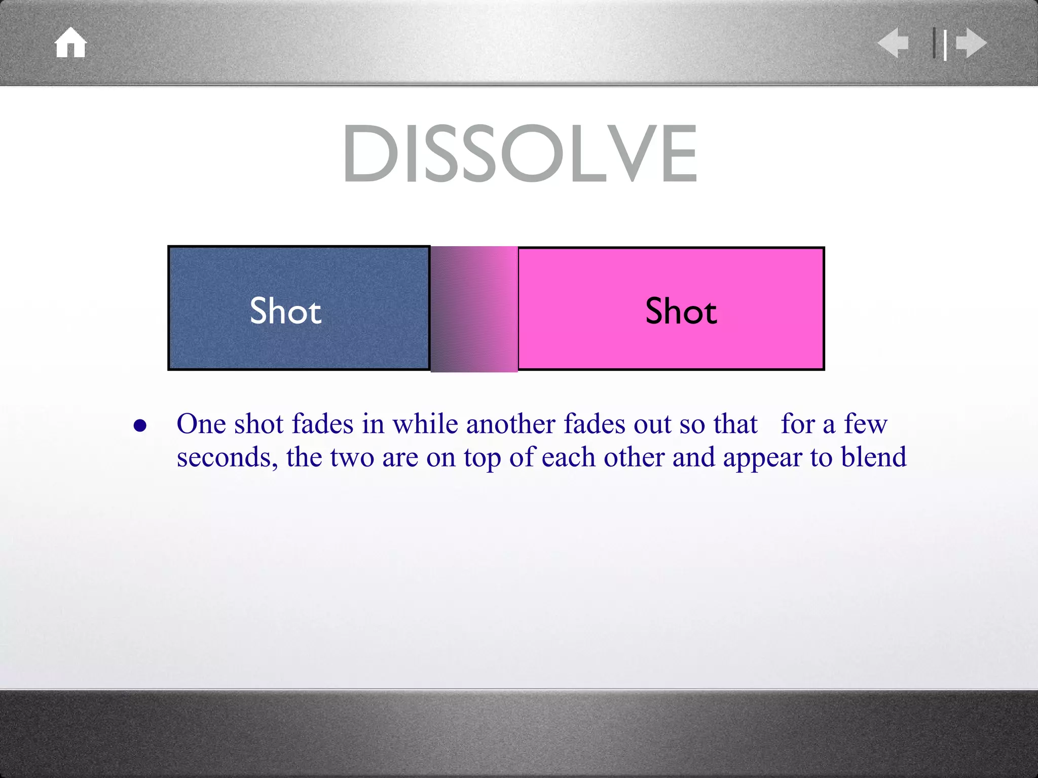 DISSOLVE One shot fades in while another fades out so that  for a few seconds, the two are on top of each other and appear to blend Shot Shot 