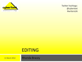 Twitter hashtags:
                                     @cybertext
                                      #writersUA




                EDITING
11 March 2012   Rhonda Bracey
 