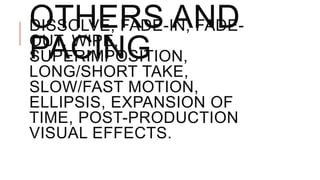 OTHERS AND
PACING
DISSOLVE, FADE-IN, FADE-
OUT, WIPE,
SUPERIMPOSITION,
LONG/SHORT TAKE,
SLOW/FAST MOTION,
ELLIPSIS, EXPANSION OF
TIME, POST-PRODUCTION
VISUAL EFFECTS.
 