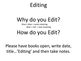Editing
Why do you Edit?
blue + blue = same meaning
blue + red = new meaning
How do you Edit?
Please have books open, write date,
title…’Editing’ and then take notes.
 