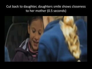 Cut back to daughter, daughters smile shows closeness
to her mother (0.5 seconds)
 