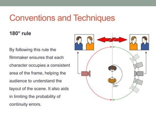 Conventions and Techniques
180° rule
By following this rule the
filmmaker ensures that each
character occupies a consistent
area of the frame, helping the
audience to understand the
layout of the scene. It also aids
in limiting the probability of
continuity errors.
 
