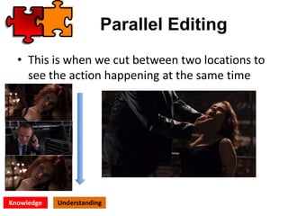 Parallel Editing
• This is when we cut between two locations to
see the action happening at the same time
Knowledge Understanding
 