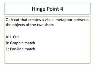 Hinge Point 4
Q: A cut that creates a visual metaphor between
the objects of the two shots
A: L Cut
B: Graphic match
C: Eye-line match
 