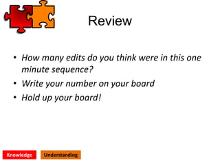 Review
• How many edits do you think were in this one
minute sequence?
• Write your number on your board
• Hold up your board!
UnderstandingKnowledge
 