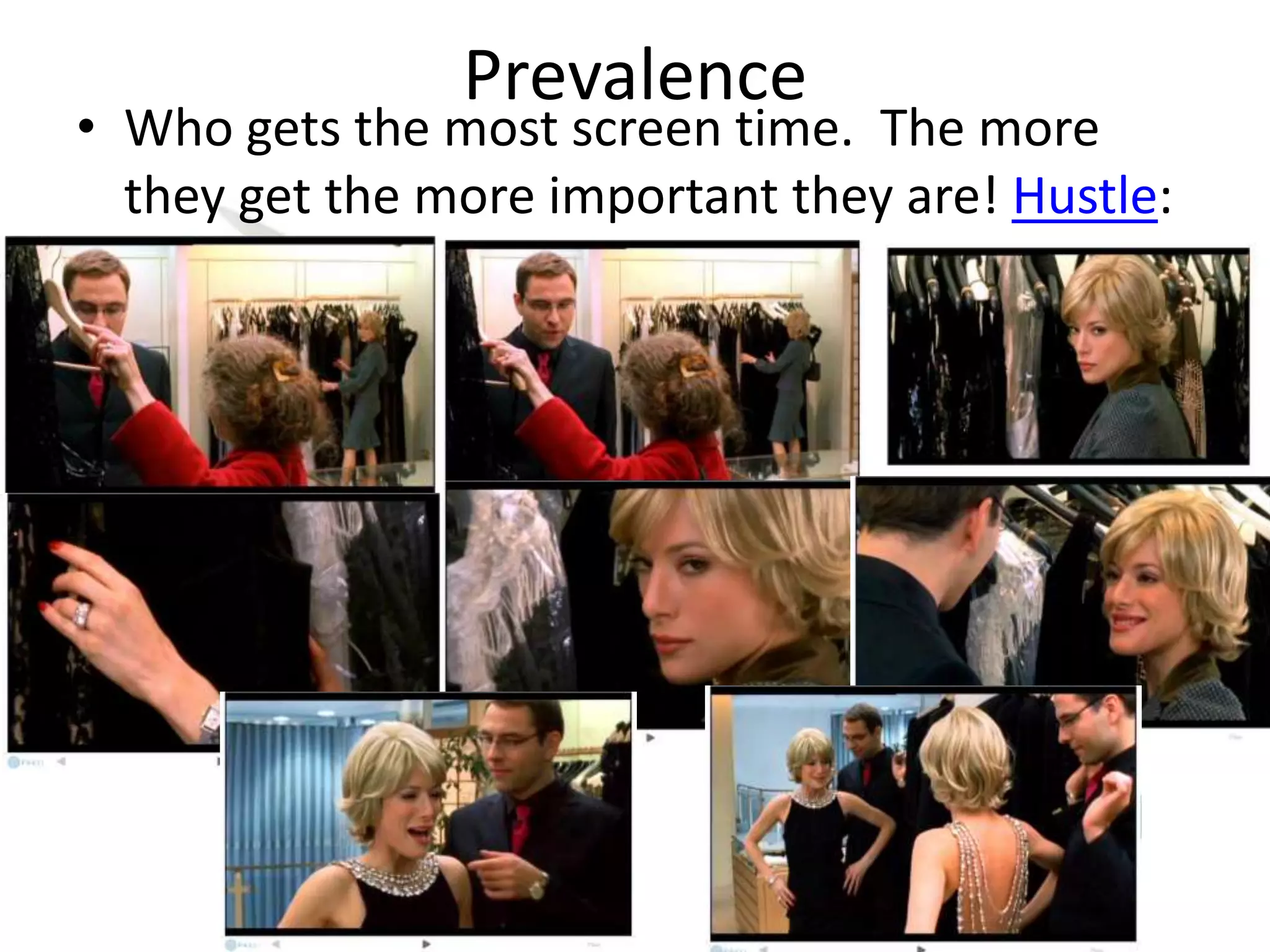 Prevalence
• Who gets the most screen time. The more
they get the more important they are! Hustle:
 