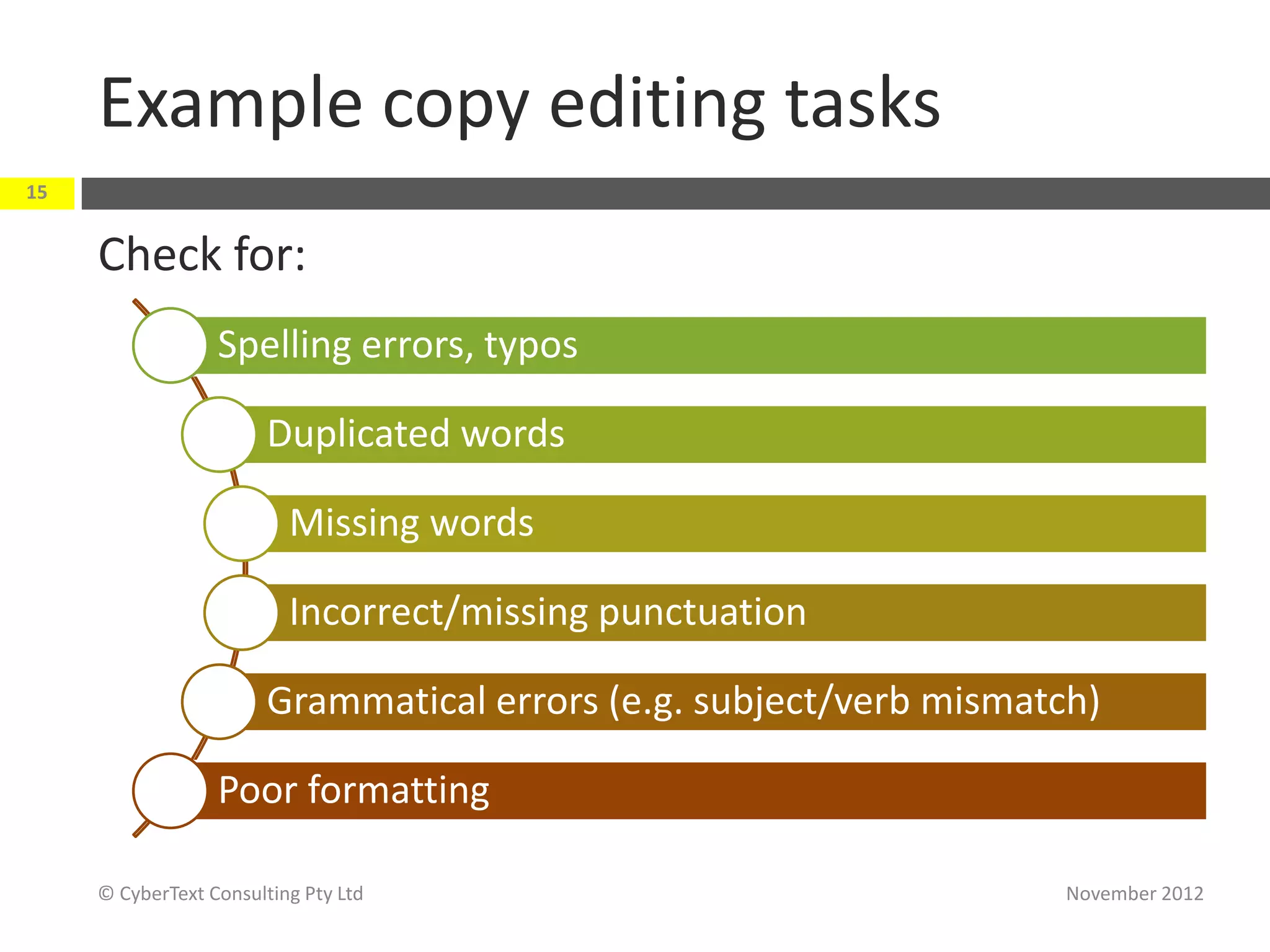 Example copy editing tasks
15


     Check for:
                  Spelling errors, typos

                        Duplicated words

                          Missing words

                          Incorrect/missing punctuation

                        Grammatical errors (e.g. subject/verb mismatch)

                  Poor formatting

     © CyberText Consulting Pty Ltd                                  November 2012
 