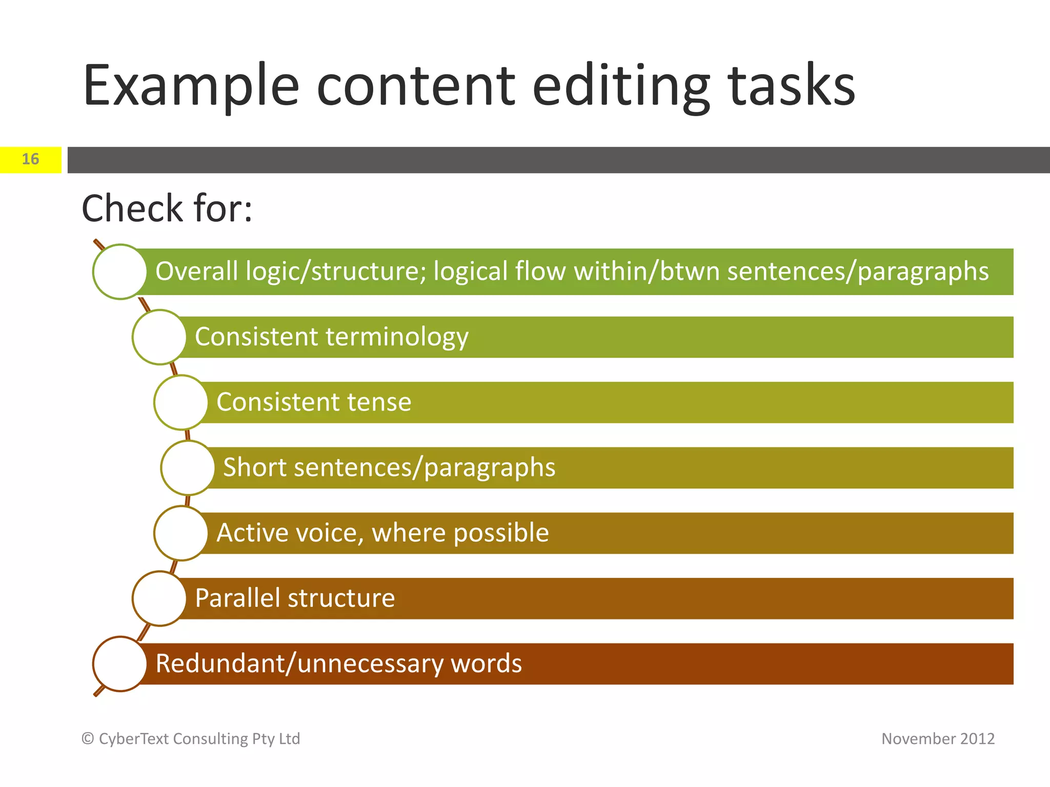 Example content editing tasks
16


     Check for:
               Overall logic/structure; logical flow within/btwn sentences/paragraphs

                    Consistent terminology

                       Consistent tense

                        Short sentences/paragraphs

                       Active voice, where possible

                    Parallel structure

               Redundant/unnecessary words

     © CyberText Consulting Pty Ltd                                        November 2012
 