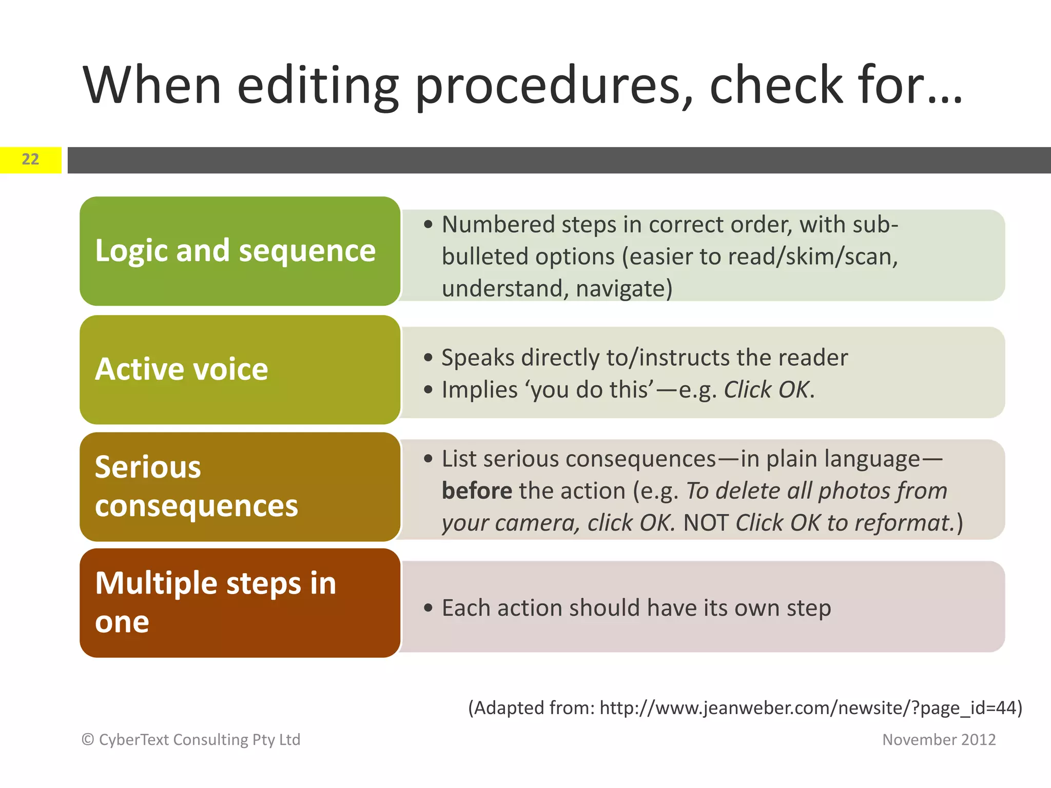 When editing procedures, check for…
22


                                      • Numbered steps in correct order, with sub-
      Logic and sequence                bulleted options (easier to read/skim/scan,
                                        understand, navigate)

                                      • Speaks directly to/instructs the reader
      Active voice
                                      • Implies ‘you do this’—e.g. Click OK.


      Serious                         • List serious consequences—in plain language—
                                        before the action (e.g. To delete all photos from
      consequences                      your camera, click OK. NOT Click OK to reformat.)

      Multiple steps in
                                      • Each action should have its own step
      one

                                          (Adapted from: http://www.jeanweber.com/newsite/?page_id=44)
     © CyberText Consulting Pty Ltd                                                   November 2012
 