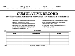 I. NAME                                  MALE        DATE OF                            PLACE OF                  NATIONALITY
           (LAST)   (FIRST)   (MIDDLE)   FEMALE      BIRTH       YR.   MO.      D AY    BIRTH      TOWN   STATE




                                 CUMULATIVE RECORD
      SUGGESTIONS FOR ADDITIONAL DATA WHICH MAY BE FILED IN THIS FOLDER

                     1.   SCHOOL HEALTH AND PHYSICAL RECORD CARD                        7. COPIES OF PUPILS LONG-RANGE COURSE ELECTIONS
                     2.   CORRESPONDENCE WITH PARENTS                                   8. PROFILE SHEETS FROM INTEREST INVENTORIES
                     3.   RECORD OF HOME VISITS, PARENT INTERVIEWS                      9. PERSONALITY RATING SHEETS
                     4.   RECORD OF PUPIL INTERVIEWS OR COUNSELING                      10. VOCATIONAL THEMES, CAREER BOOKLETS, ETC.
                     5.   ANECDOTAL RECORD OR BEHAVIORAL JOURNAL                        11. NEWSPAPER CLIPPINGS
                     6.   DIARIES, AUTOBIOGRAPHIES, ETC.

  XVII.                                                                 TRANSCRIPTS




  XVIII.                                                        ADDITIONAL ITEMS OF INTEREST
 