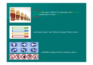 <opener>
<dateline><date value="1890-01-22">Woensdag</date></dateline>
<salute>Waarde Heer en Vriend,</salute>
</opener>
<name type="person" reg="De Bom, Emmanuel">Mane</name>
<!ELEMENT envelope (envPart | envelope | note)+>
 