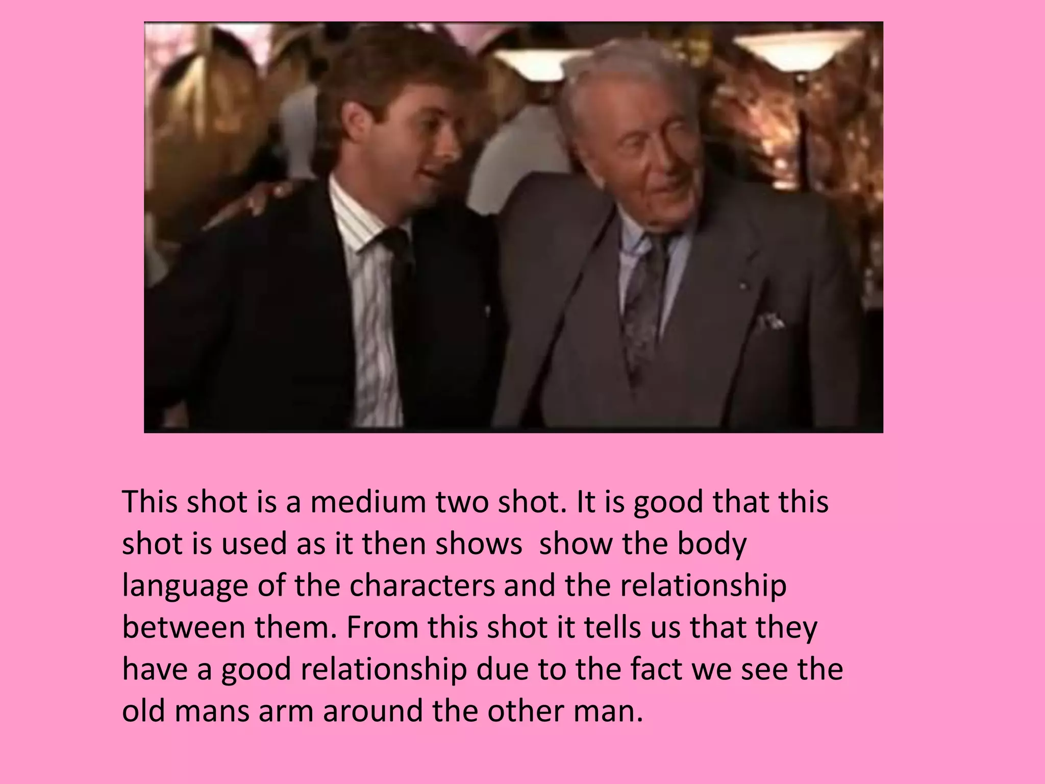 This shot is a medium two shot. It is good that this 
shot is used as it then shows show the body 
language of the characters and the relationship 
between them. From this shot it tells us that they 
have a good relationship due to the fact we see the 
old mans arm around the other man. 
 