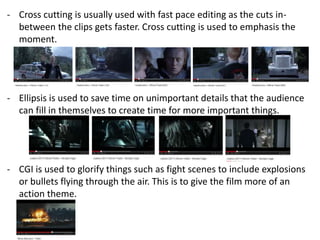 - Cross cutting is usually used with fast pace editing as the cuts in-between 
the clips gets faster. Cross cutting is used to emphasis the 
moment. 
- Ellipsis is used to save time on unimportant details that the audience 
can fill in themselves to create time for more important things. 
- CGI is used to glorify things such as fight scenes to include explosions 
or bullets flying through the air. This is to give the film more of an 
action theme. 
 
