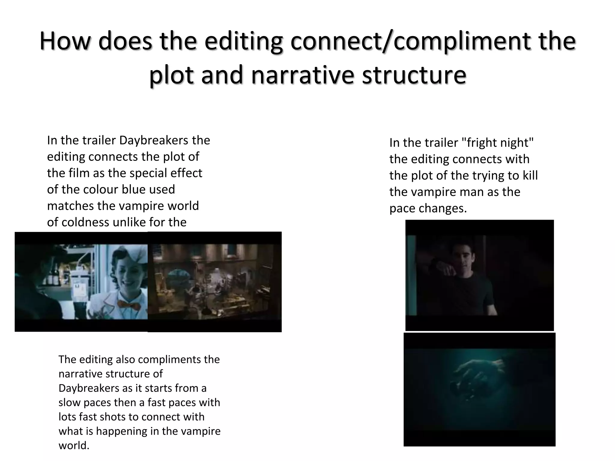 How does the editing connect/compliment the 
plot and narrative structure 
In the trailer Daybreakers the 
editing connects the plot of 
the film as the special effect 
of the colour blue used 
matches the vampire world 
of coldness unlike for the 
human world. 
The editing also compliments the 
narrative structure of 
Daybreakers as it starts from a 
slow paces then a fast paces with 
lots fast shots to connect with 
what is happening in the vampire 
world. 
In the trailer "fright night" 
the editing connects with 
the plot of the trying to kill 
the vampire man as the 
pace changes. 
 