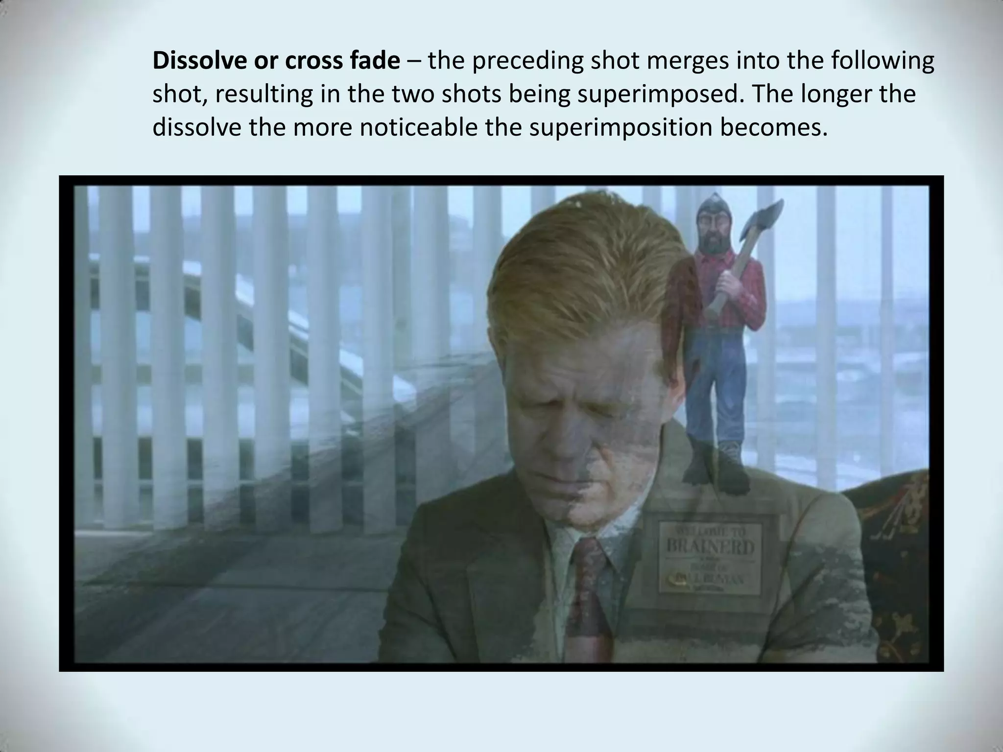 	Dissolve or cross fade – the preceding shot merges into the following shot, resulting in the two shots being superimposed. The longer the dissolve the more noticeable the superimposition becomes.