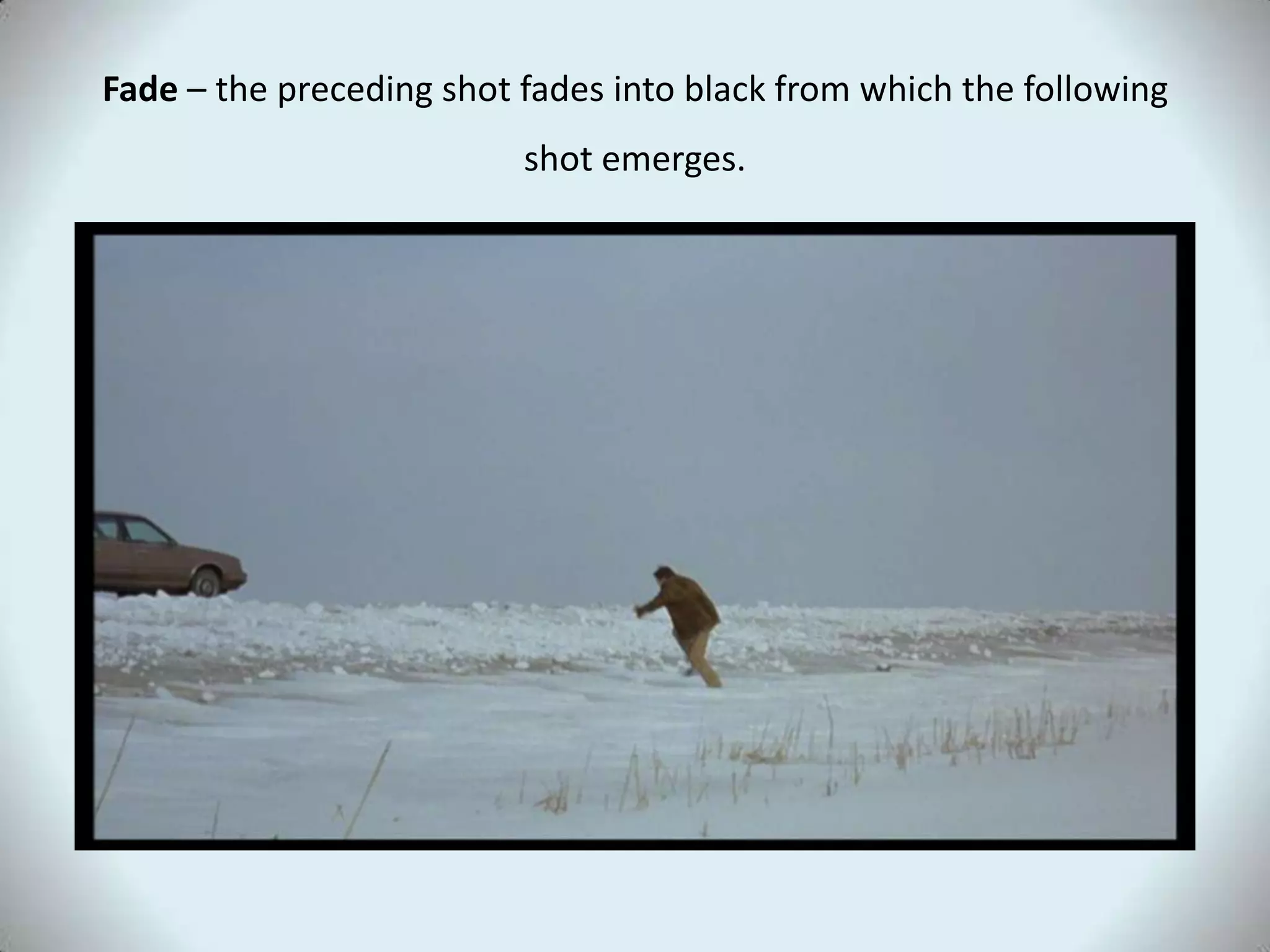 Fade – the preceding shot fades into black from which the following shot emerges.