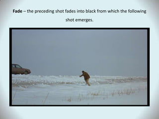Fade – the preceding shot fades into black from which the following shot emerges.