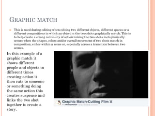 GRAPHIC MATCH
 This is used during editing when editing two different objects, different spaces or a
different compositions in which an object in the two shots graphically match. This is
to help create a strong continuity of action linking the two shots metaphorically.
occurs when the shapes, colors and/or overall movement of two shots match in
composition, either within a scene or, especially across a transition between two
scenes.
In this example of a
graphic match it
shows different
people and objects in
different times
creating action it
then cuts to someone
or something doing
the same action this
creates suspense and
links the two shot
together to create a
story.
 