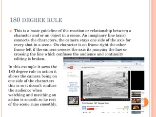 180 DEGREE RULE
 This is a basic guideline of the reaction or relationship between a
character and or an object in a scene. An imaginary line (axis)
connects the characters, the camera stays one side of the axis for
every shot in a scene. On character is on frame right the other
frame left if the camera crosses the axis its jumping the line or
crossing the line which confuses the audience and continuity
editing is broken.
In this example it sows the
180 degree rule in action it
shows the camera being on
one side of the characters
this is so it doesn't confuse
the audience when
watching and matching on
action is smooth so he rest
of the scene runs smoothly.
 