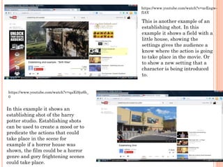 This is another example of an
establishing shot. In this
example it shows a field with a
little house, showing the
settings gives the audience a
know where the action is going
to take place in the movie. Or
to show a new setting that a
character is being introduced
to.
https://www.youtube.com/watch?v=xeEngw-
flAY
In this example it shows an
establishing shot of the harry
potter studio. Establishing shots
can be used to create a mood or to
predicate the actions that could
take place in the scene for
example if a horror house was
shown, the film could be a horror
genre and gory frightening scenes
could take place.
https://www.youtube.com/watch?v=qaEi9ju6b_
0
 