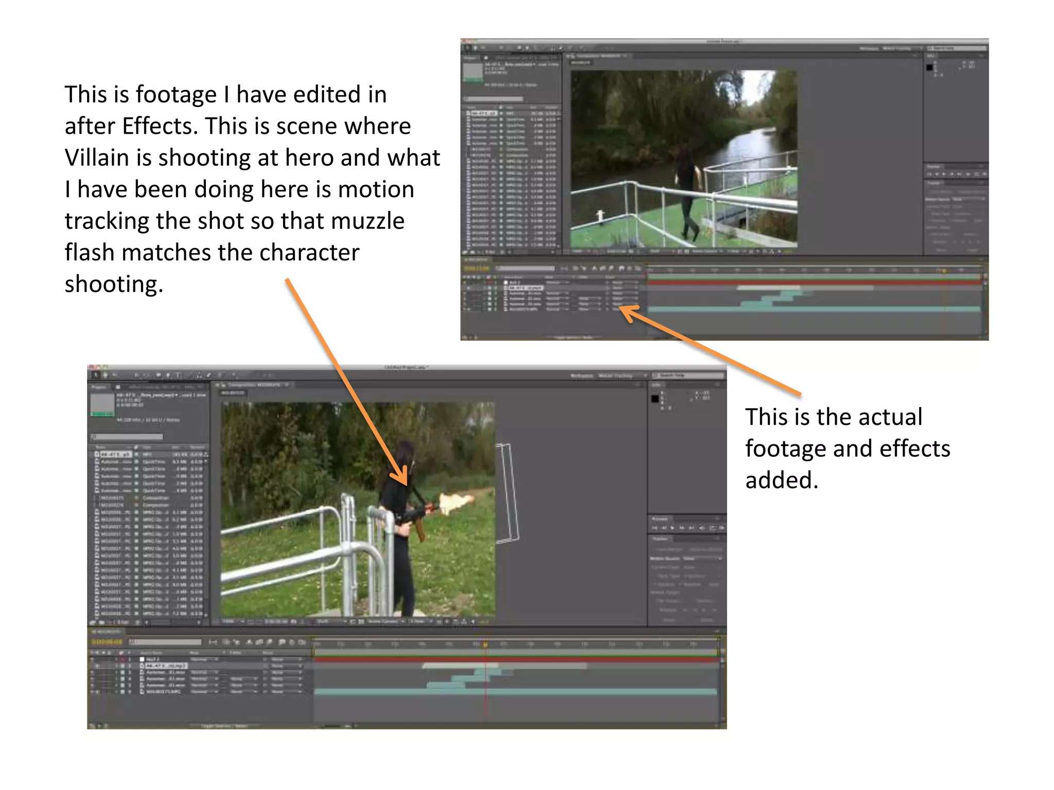 This is footage I have edited in
after Effects. This is scene where
Villain is shooting at hero and what
I have been doing here is motion
tracking the shot so that muzzle
flash matches the character
shooting.




                                       This is the actual
                                       footage and effects
                                       added.
 