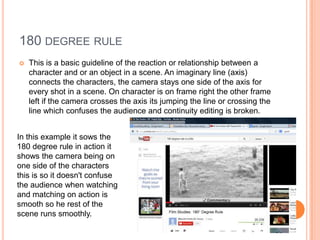 180 DEGREE RULE
 This is a basic guideline of the reaction or relationship between a
character and or an object in a scene. An imaginary line (axis)
connects the characters, the camera stays one side of the axis for
every shot in a scene. On character is on frame right the other frame
left if the camera crosses the axis its jumping the line or crossing the
line which confuses the audience and continuity editing is broken.
In this example it sows the
180 degree rule in action it
shows the camera being on
one side of the characters
this is so it doesn't confuse
the audience when watching
and matching on action is
smooth so he rest of the
scene runs smoothly.
 
