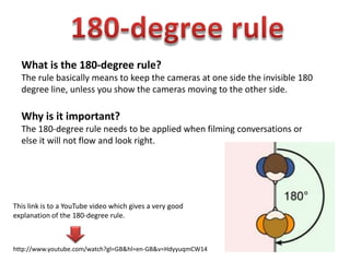What is the 180-degree rule?
  The rule basically means to keep the cameras at one side the invisible 180
  degree line, unless you show the cameras moving to the other side.

  Why is it important?
  The 180-degree rule needs to be applied when filming conversations or
  else it will not flow and look right.




This link is to a YouTube video which gives a very good
explanation of the 180-degree rule.



http://www.youtube.com/watch?gl=GB&hl=en-GB&v=HdyyuqmCW14
 