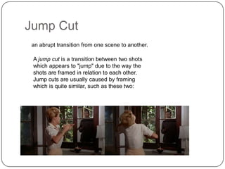 Jump Cut
an abrupt transition from one scene to another.
A jump cut is a transition between two shots
which appears to "jump" due to the way the
shots are framed in relation to each other.
Jump cuts are usually caused by framing
which is quite similar, such as these two:

 