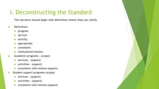 I. Deconstructing the Standard
The narrative should begin with definitions where they can clarify.
 Definitions
 program
 service
 activity
 appropriate
 consistent
 institutional mission
 Academic programs - (scope)
 services – (aspect)
 activities – (aspect)
 consistent with mission (aspect)
 Student support programs (scope)
 services – (aspect)
 activities – (aspect)
 consistent with mission (aspect)
 