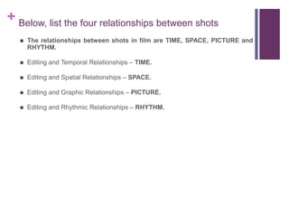 + Below, list the four relationships between shots
 The relationships between shots in film are TIME, SPACE, PICTURE and
RHYTHM.
 Editing and Temporal Relationships – TIME.
 Editing and Spatial Relationships – SPACE.
 Editing and Graphic Relationships – PICTURE.
 Editing and Rhythmic Relationships – RHYTHM.
 