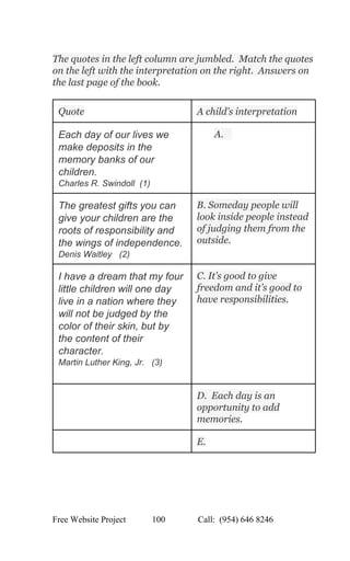  
The quotes in the left column are jumbled.  Match the quotes 
on the left with the interpretation on the right.  Answers on 
the last page of the book. 
 
Quote   A child’s interpretation 
Each day of our lives we 
make deposits in the 
memory banks of our 
children.  
Charles R. Swindoll  (1) 
A.  
The greatest gifts you can 
give your children are the 
roots of responsibility and 
the wings of independence.  
Denis Waitley   (2)  
B. Someday people will 
look inside people instead 
of judging them from the 
outside. 
I have a dream that my four 
little children will one day 
live in a nation where they 
will not be judged by the 
color of their skin, but by 
the content of their 
character.  
Martin Luther King, Jr.   (3) 
 
C. It’s good to give 
freedom and it’s good to 
have responsibilities. 
  D.  Each day is an 
opportunity to add 
memories. 
  E.  
 
 
Free Website Project            100               Call:  (954) 646 8246  
 