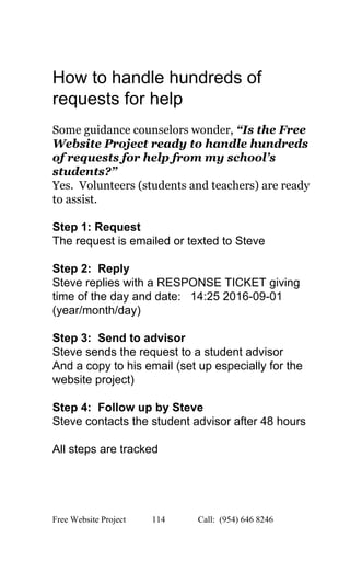  
 
How to handle hundreds of 
requests for help 
 
Some guidance counselors wonder, ​“Is the Free 
Website Project ready to handle hundreds 
of requests for help from my school’s 
students?” 
Yes.  Volunteers (students and teachers) are ready 
to assist. 
 
Step 1: Request 
The request is emailed or texted to Steve 
 
Step 2:  Reply 
Steve replies with a RESPONSE TICKET giving 
time of the day and date:   14:25 2016­09­01 
(year/month/day)  
 
Step 3:  Send to advisor 
Steve sends the request to a student advisor 
And a copy to his email (set up especially for the 
website project) 
 
Step 4:  Follow up by Steve 
Steve contacts the student advisor after 48 hours 
 
All steps are tracked 
 
Free Website Project            114               Call:  (954) 646 8246  
 