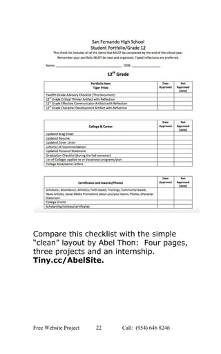  
 
 
 
Compare this checklist with the simple 
“clean” layout by Abel Thon:  Four pages, 
three projects and an internship. 
Tiny.cc/AbelSite. 
 
 
 
 
 
Free Website Project            22               Call:  (954) 646 8246  
 
