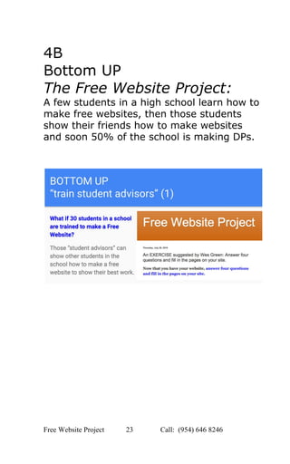  
4B 
Bottom UP 
The Free Website Project:   
A few students in a high school learn how to 
make free websites, then those students 
show their friends how to make websites 
and soon 50% of the school is making DPs. 
 
 
 
 
 
 
 
 
 
 
Free Website Project            23               Call:  (954) 646 8246  
 