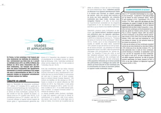 Selon le "3ème
baromètre Sofia/Sne/Sgdl sur les usages
du livre numérique", le paiement à l’acte reste privilégié
par les lecteurs de livres numériques (63%), devant
le prêt numérique (21%), l’abonnement (7%) ou la
location (7%). Mais, seuls 55% des lecteurs de livres
numériques ont acquis la plupart de leurs livres en
payant, contre 44% gratuitement, l’écart se réduisant
légèrement entre ces deux modes d’acquisition. L’acqui-
sition de livres numériques se fait principalement sur les
sites des géants de l’Internet comme Amazon, Google
Play ou encore l’AppStore d’Apple (39% des lecteurs
de livres numériques) ou de grandes surfaces spéciali-
sées comme La Fnac (24%) et sur les sites internet des
libraires (18%) mais aussi plus directement et, c’est
une pratique en hausse, via une recherche directe sur
les moteurs de recherche (21%).
A noter que les lecteurs de livres numériques acquièrent
certains de ces livres directement sur des sites d’éditeurs
(10% d’entre eux) et sur des sites d’auteurs (7%). Les
sites spécialisés dans la vente de livres numériques,
comme Numilog ou Immatériel, ne représentent, quant
à eux, que 6% de l’acquisition de livres numériques.
Par rapport à mars 2012, les sites d’opérateurs inter-
net restent largement dominants, les sites de grandes
surfaces spécialisées ont baissé (passant de 30% à
24%) et les sites d’éditeurs ont légèrement augmenté
(passant de 8% à 10%).
10
11 reflets en extérieur, et bien sûr de la technologie
de l’encre électronique. Mais, l’utilisateur pourrait
se détourner d’un appareil spécifiquement dédié
à la lecture pour favoriser un support unique
qui permet, outre une lecture plus enrichie et
un accès aux livres applicatifs, une utilisation
multimédia plus large (vidéo, musique, jeux,
navigation Internet…) En effet, le livre enrichi
est majoritairement accessible via les magasins
d’applications et non les librairies en ligne et ne
peut être lu qu’au travers d’une tablette multimédia.
Cependant, plusieurs types d’utilisateurs se des-
sinent. Les "grands lecteurs" semblent conserver
une préférence pour les appareils spécifique-
ment dédiés à la lecture. Une étude réalisée par
la MOTif et le médialab de Sciences Po, "Pratiques
de lecture et d’achat de livres numériques" (février
2013), montre, que si le taux d’équipement des
sondés en tablette est assez élevé, seulement
16% utilisent ce type de terminal en tant qu’appa-
reil de lecture principal. Les utilisateurs de liseuse
représentent quant à eux 68%. Mais les personnes
interrogées sont principalement de "grands lec-
teurs" (en moyenne 6 livres par mois) et sont
des "adopteurs précoces" dont la conversion au
numérique est justifiée par des avantages tech-
niques comme la quantité de livres embarqués.
Cette population intéressée par la lecture possède
des particularités qui la distingue des autres utili-
sateurs qui feront basculer le livre numérique vers
la consommation de masse et pourraient préférer
un appareil mobile multimédia unique.
En France, le livre numérique n’est toujours pas
venu bouleverser les habitudes de consomma-
tion, contrairement aux Etats-Unis où il connaît
un véritable envol (23% du chiffre d’affaires des
éditeurs en 2012 selon l'Association des édi-
teurs américains). Les Français sont pourtant
dans une phase d’acquisition des équipements
nécessaires à la lecture numérique et les usages
nés avec la démocratisation du Web 2.0 et des
appareils mobiles se transposent naturellement
à certains secteurs de l’édition.
Tablette vs liseuse
Selon le "Baromètre de l’économie numérique"
(5ème
édition, 4ème
trimestre 2012), publié par la
Chaire Economie Numérique de l’université Paris-
Dauphine, la tablette est l’outil le plus utilisé pour
la lecture de livres numériques, puisque 45,1%
des sondés en font leur appareil de lecture. La
liseuse arrive en 2ème
position avec 29,5%. Si le
smartphone arrive en 3ème
position, avec 26,7%,
il pourrait rattraper la liseuse comme support de
lecture grâce à l’agrandissement généralisé des
écrans et à l’apparition des phablets (un device
mi-smartphone et mi-tablette comme le Galaxy
Note de Samsung). Enfin, l’ordinateur portable est
utilisé comme support par 26,1% des sondés et
l’ordinateur fixe par 16,3%.
Entre des smartphones dont les tailles d’écrans
s’agrandissent, des tablettes dont les tailles
d’écrans diminuent et donc inévitablement la ren-
contre des deux au format Phablet, la concurrence
est rude pour la liseuse noir et blanc actuelle.
Selon le cabinet d’étude Forrester Research, 140
millions de tablettes ont été vendues en 2012 à
travers le monde et on devrait atteindre les 200
millions en 2013. Aux États-Unis, il s’est vendu
9 millions de liseuses en 2012, contre 15,5 mil-
lions d’unités en 2011. Et ce chiffre devrait conti-
nuer à baisser. Le cabinet d’analyse prévoit 7,5
millions de ventes en 2014.
La liseuse possède certes plusieurs avantages.
Il s’agit d’un appareil à part pour la lecture et,
contrairement à la tablette, doté d’une autono-
mie record, mais aussi d’un poids léger pour la
prise en mains, d’un écran qui ne génère pas de
comportements d'achat
2
usages
et applications
26,1%
16,3%
26,7%
45,1%
29,5%
les supports de lecture de livres numériques en
pourcentage d'utilisation
 