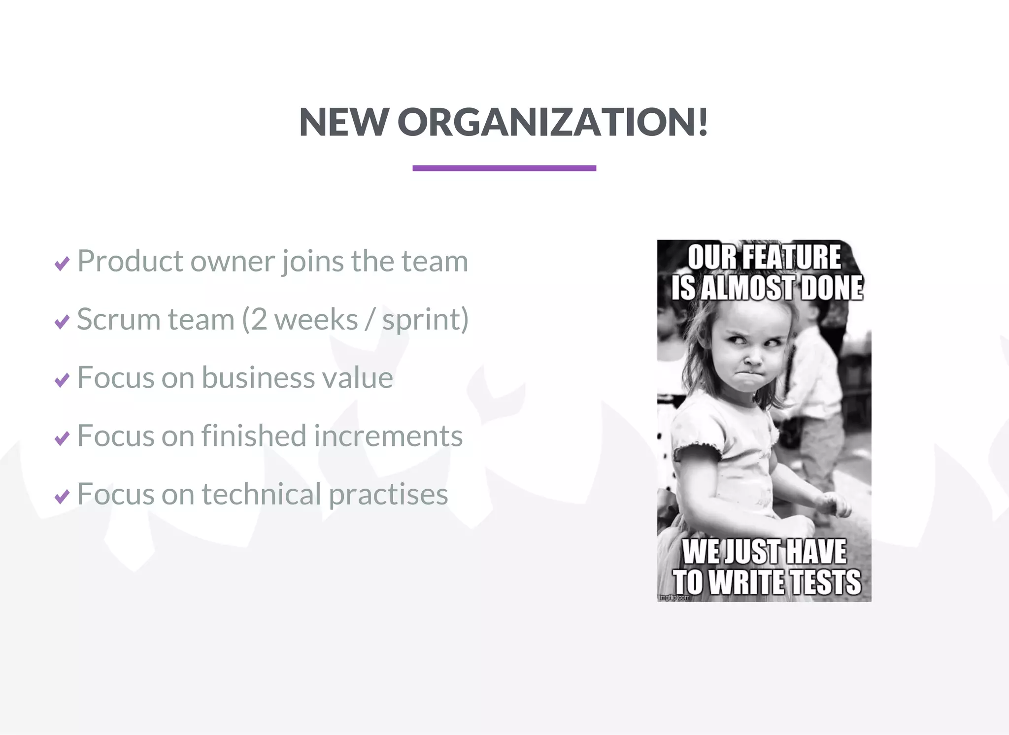 NEW ORGANIZATION!
Product owner joins the team
Scrum team (2 weeks / sprint)
Focus on business value
Focus on finished increments
Focus on technical practises
 