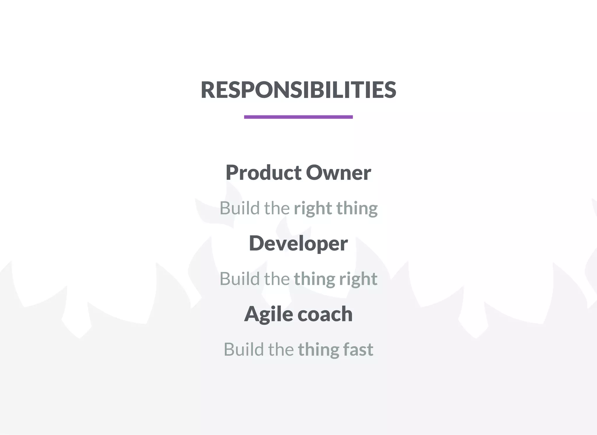 RESPONSIBILITIES
Product Owner
Build the right thing
Developer
Build the thing right
Agile coach
Build the thing fast
 