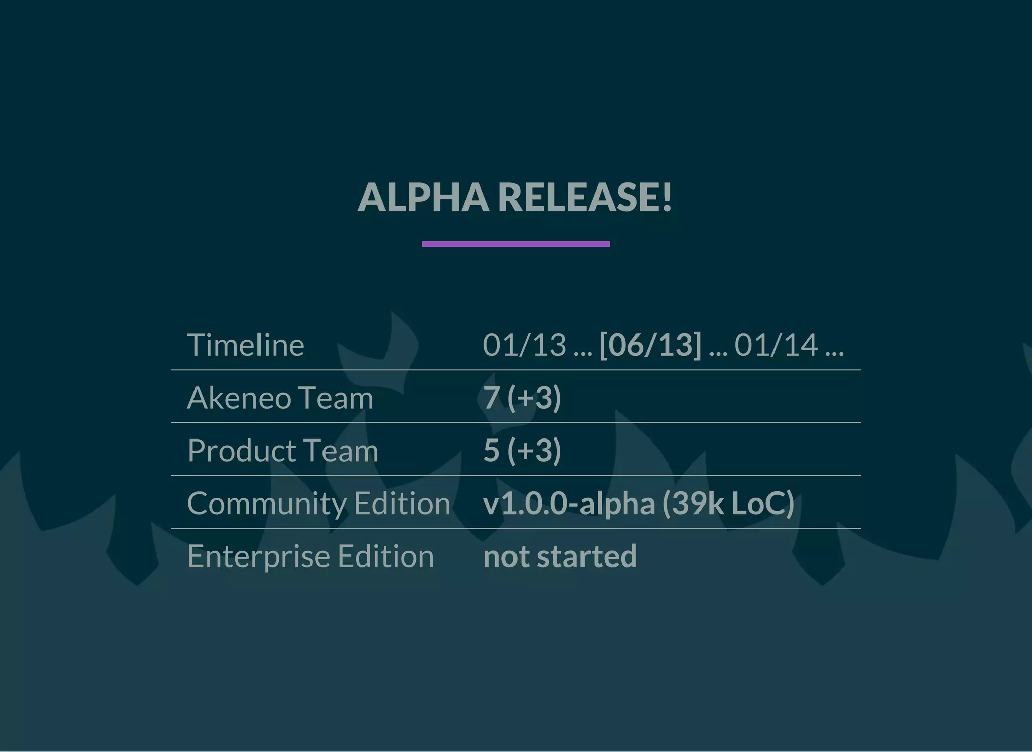 ALPHA RELEASE!
Timeline 01/13 ... [06/13] ... 01/14 ...
Akeneo Team 7 (+3)
Product Team 5 (+3)
Community Edition v1.0.0-alpha (39k LoC)
Enterprise Edition not started
 