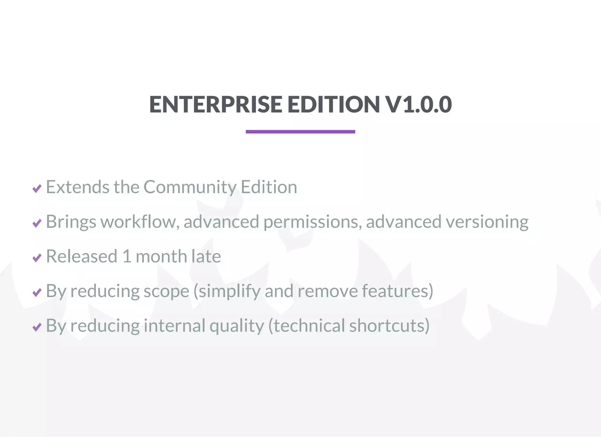ENTERPRISE EDITION V1.0.0
Extends the Community Edition
Brings workflow, advanced permissions, advanced versioning
Released 1 month late
By reducing scope (simplify and remove features)
By reducing internal quality (technical shortcuts)
 