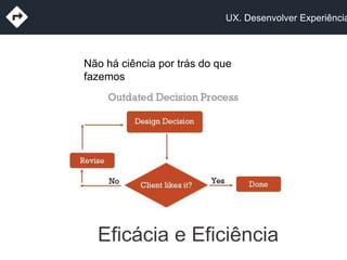 UX. Desenvolver Experiência
Não há ciência por trás do que
fazemos
Eficácia e Eficiência
 
