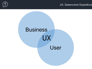UX. Desenvolver Experiência
Business
User
UX
 