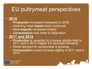 EU pultrymeat perspectives <ul><li>2010 </li></ul><ul><ul><li>Production  increased compared to 2009 </li></ul></ul><ul><u...