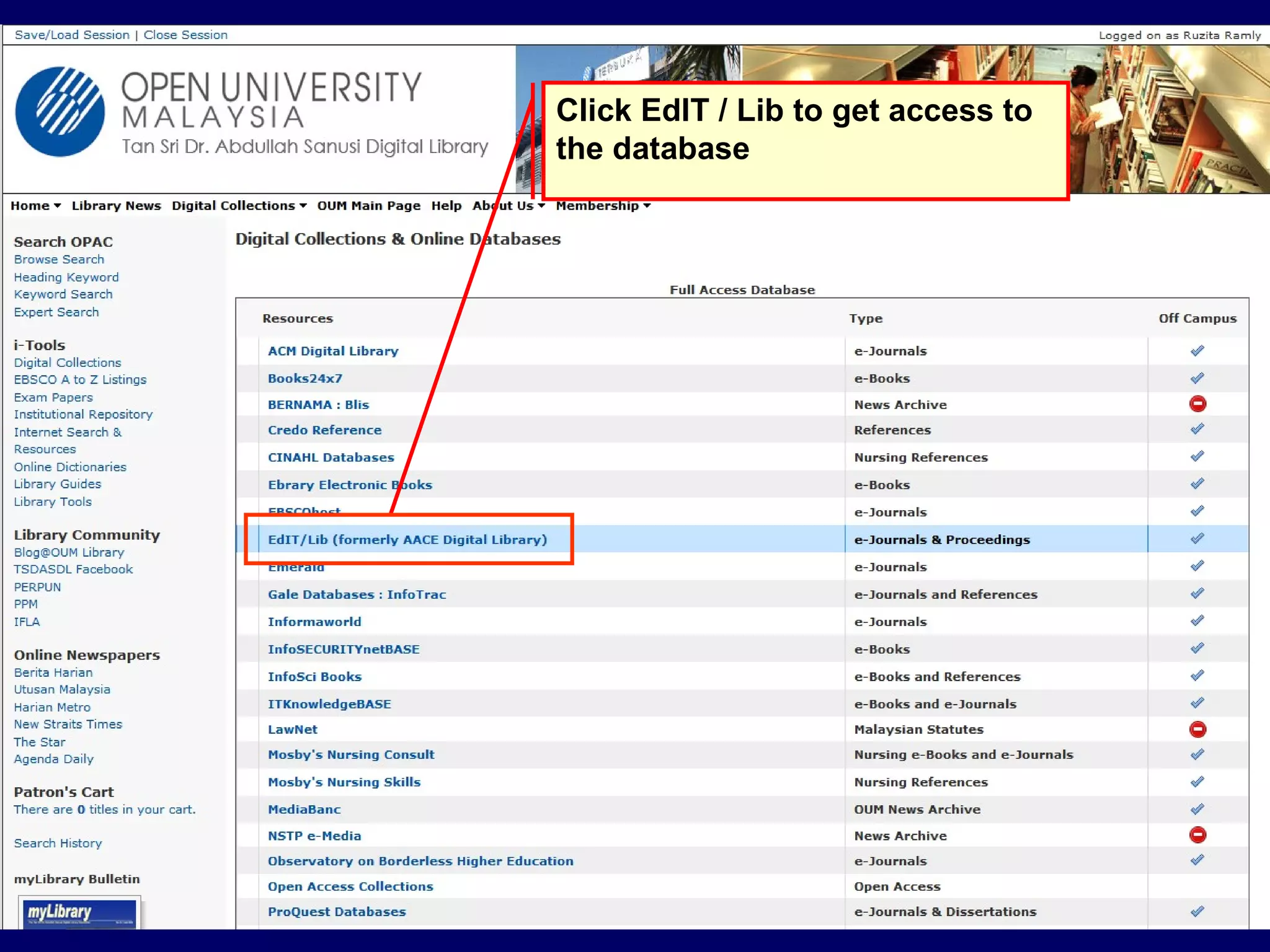 Click EdIT / Lib to get access to the database 